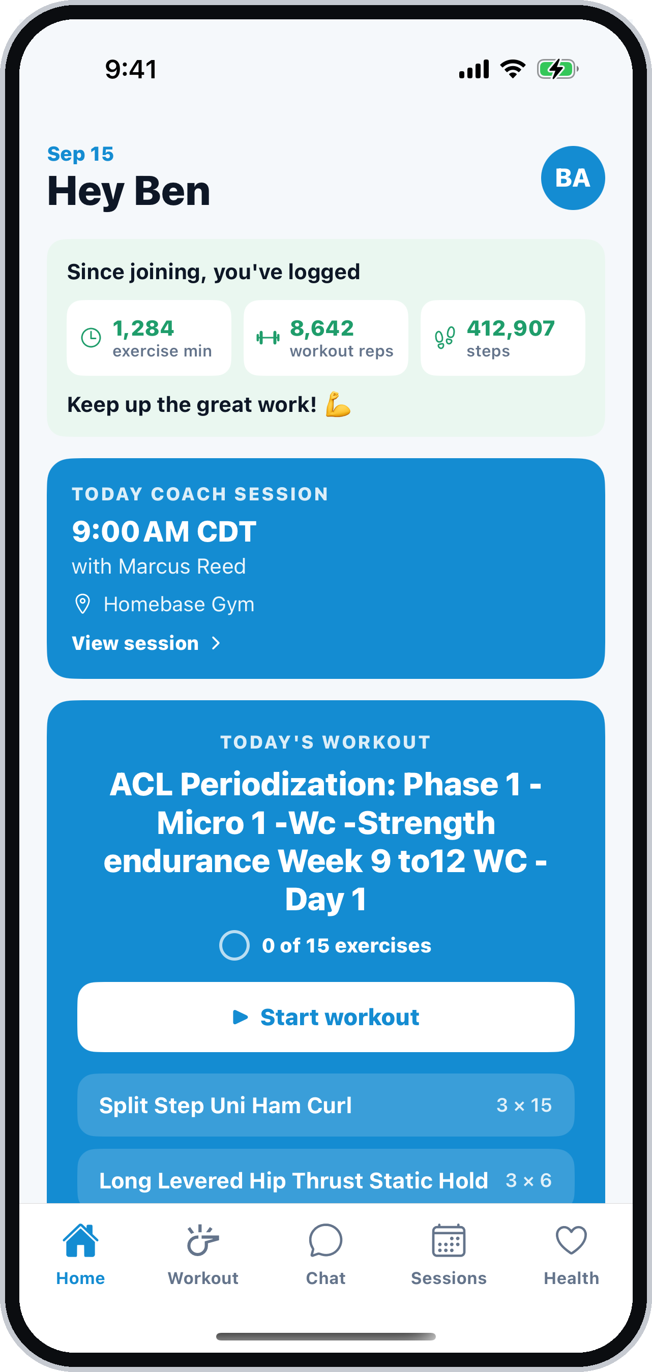 The athlete home screen, showing today's work