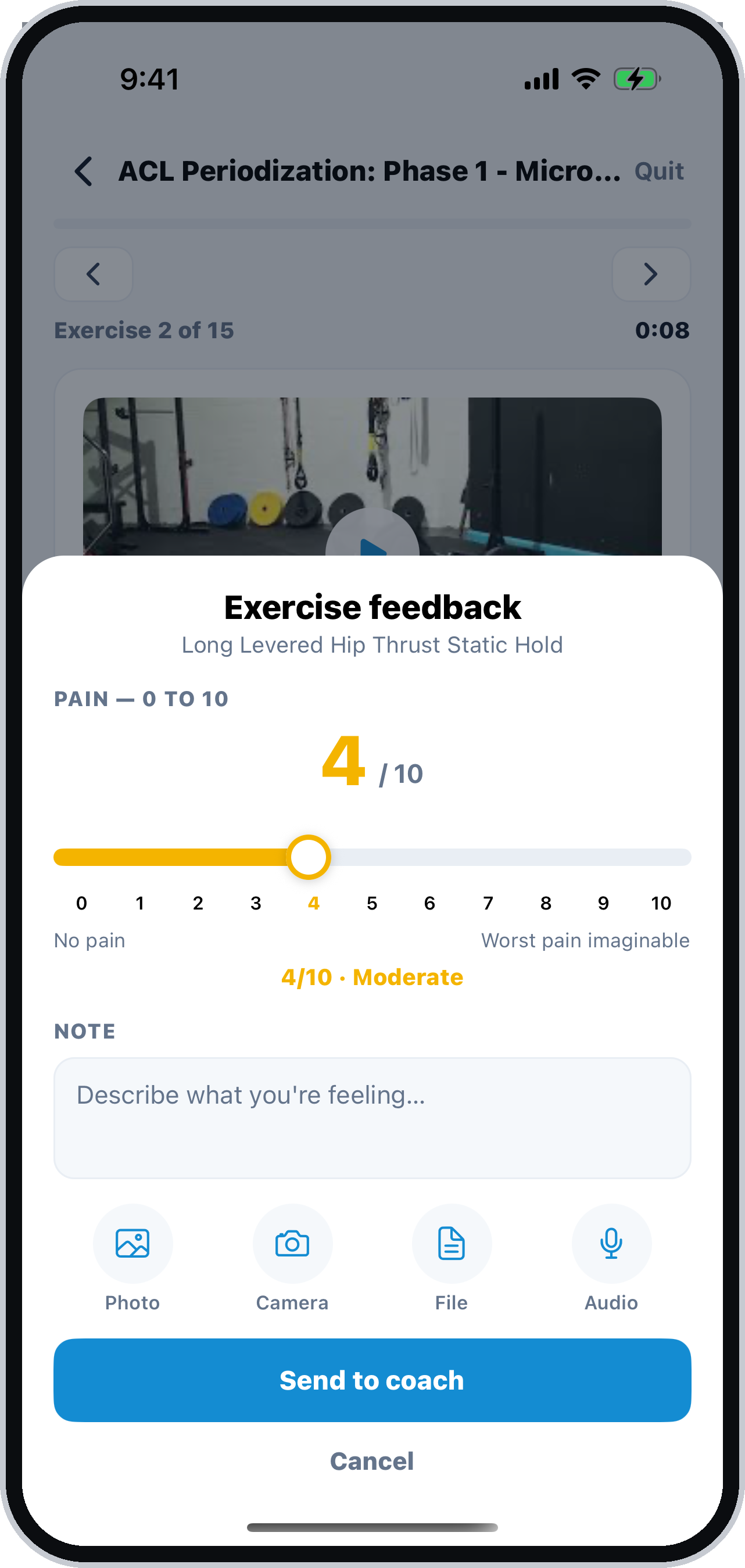 Flagging pain on the 0 to 10 scale mid-workout