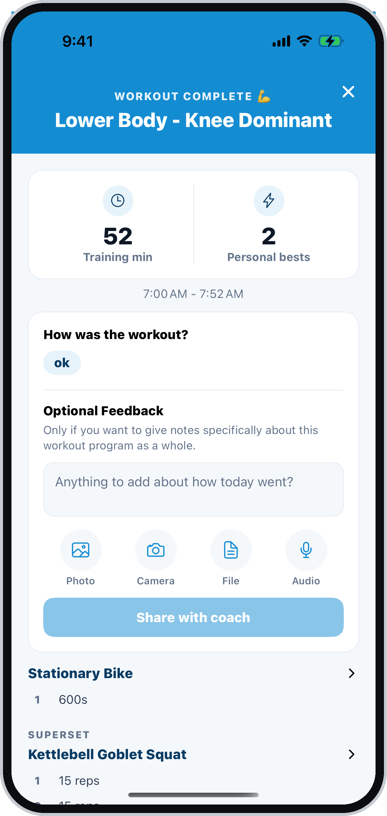A finished workout with results and a note back