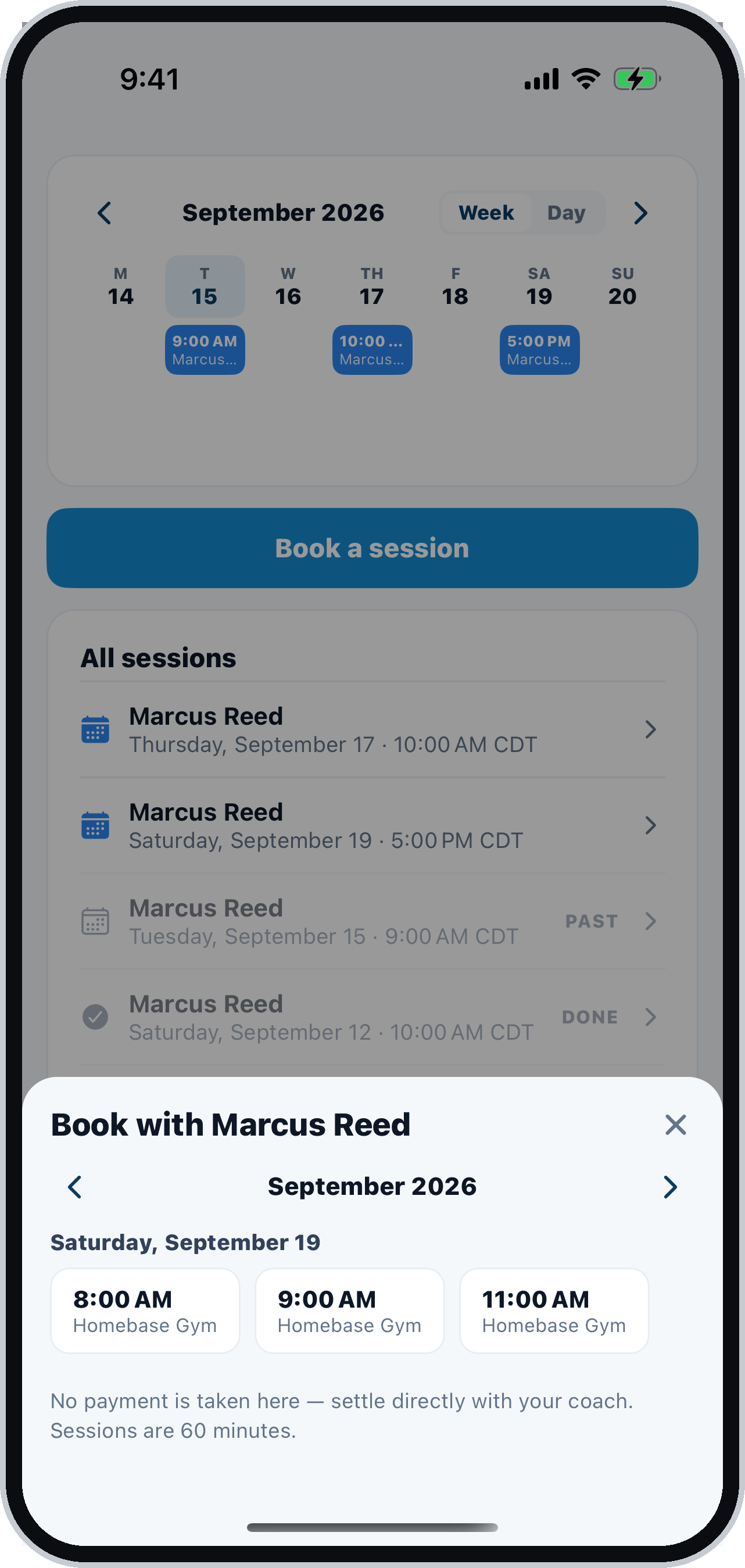 Booking a session from a coach's free slots