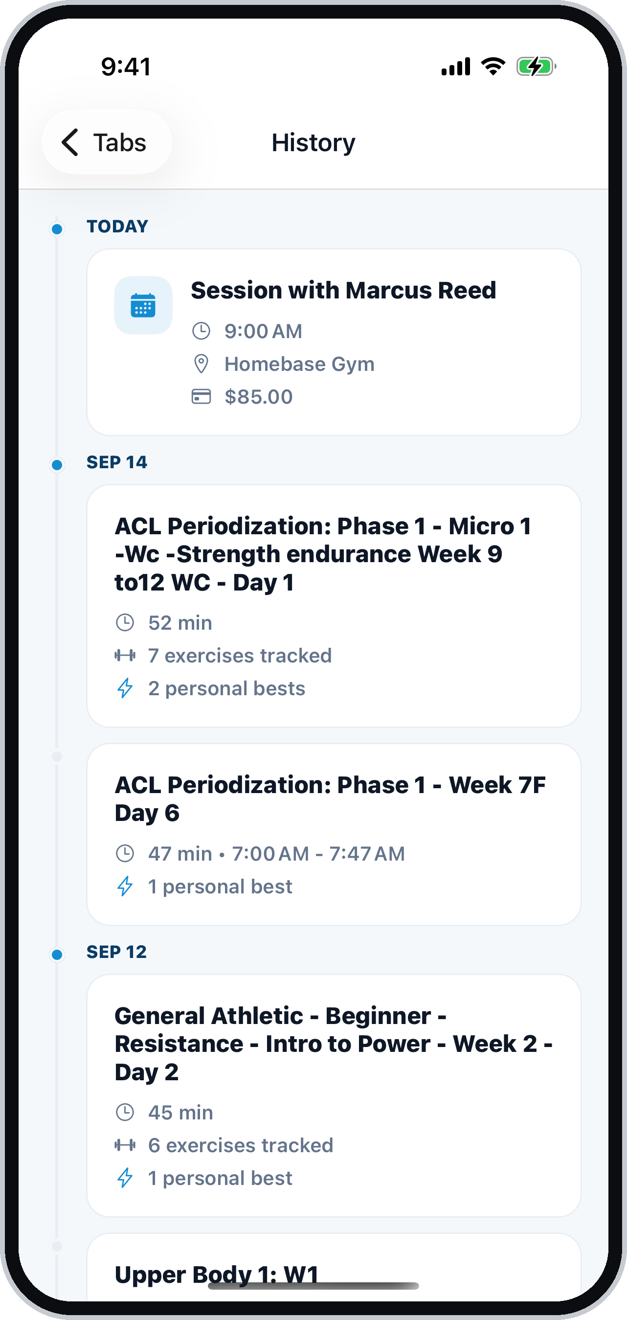 Every workout and session, kept
