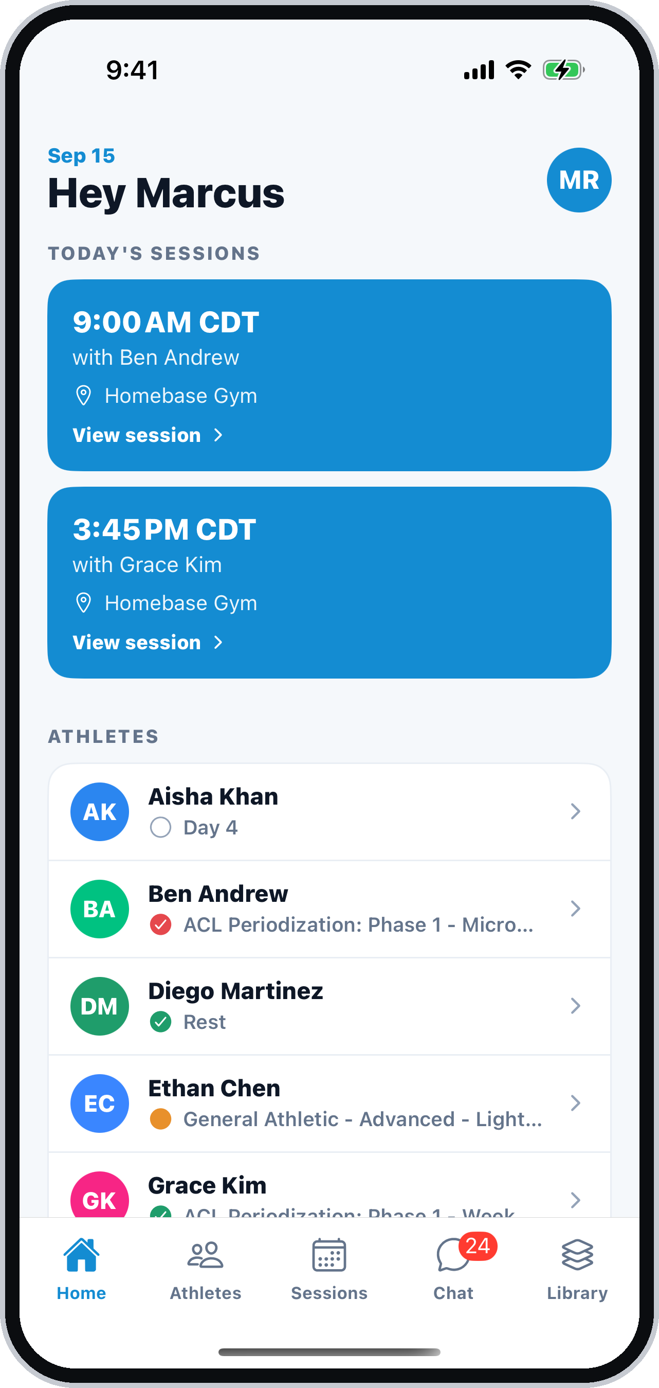 The coach's home screen: today's booked sessions and every athlete's status on one line